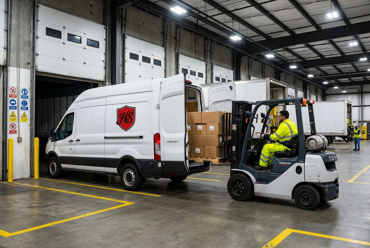 Forklift loading pallets into HS Express cargo van